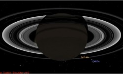This simulated view from NASA's Cassini spacecraft shows the expected positions of Saturn and Earth on July 19, 2013, around the time Cassini will take Earth's picture. Cassini will be about 898 million miles (1.44 billion kilometers) away from Earth at the time. That distance is nearly 10 times the distance from the sun to Earth. Image credit: NASA/JPL-Caltech