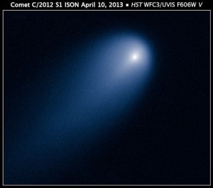 Hubble's view of Comet ISON (C/2012 S1) on April 10, 2013. This image was taken in visible light. The blue false color was added to bring out details in the comet structure. Credit:NASA, ESA, J.-Y. Li (Planetary Science Institute), and the Hubble Comet ISON Imaging Science Team